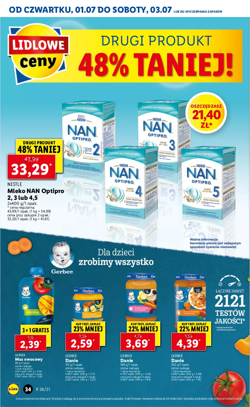 Gazetka promocyjna Lidl - GAZETKA - ważna 01.07 do 03.07.2021 - strona 34 - produkty: Gerber, Gra, Mleko, Mus, NAN Optipro