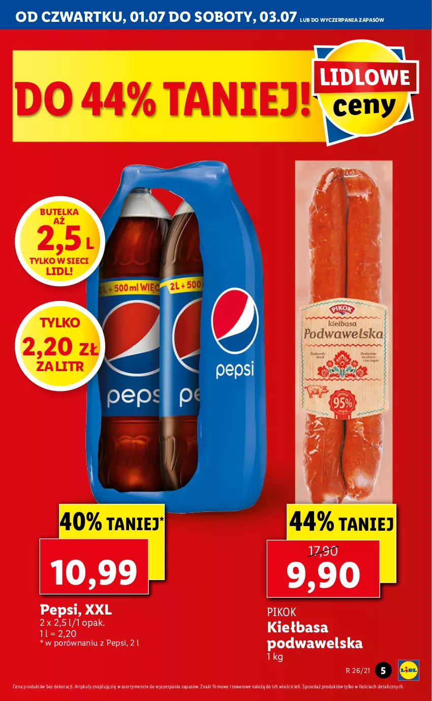 Gazetka promocyjna Lidl - GAZETKA - ważna 01.07 do 03.07.2021 - strona 5 - produkty: Kiełbasa, Kiełbasa podwawelska, Pepsi, PIKOK, Por, Wawel