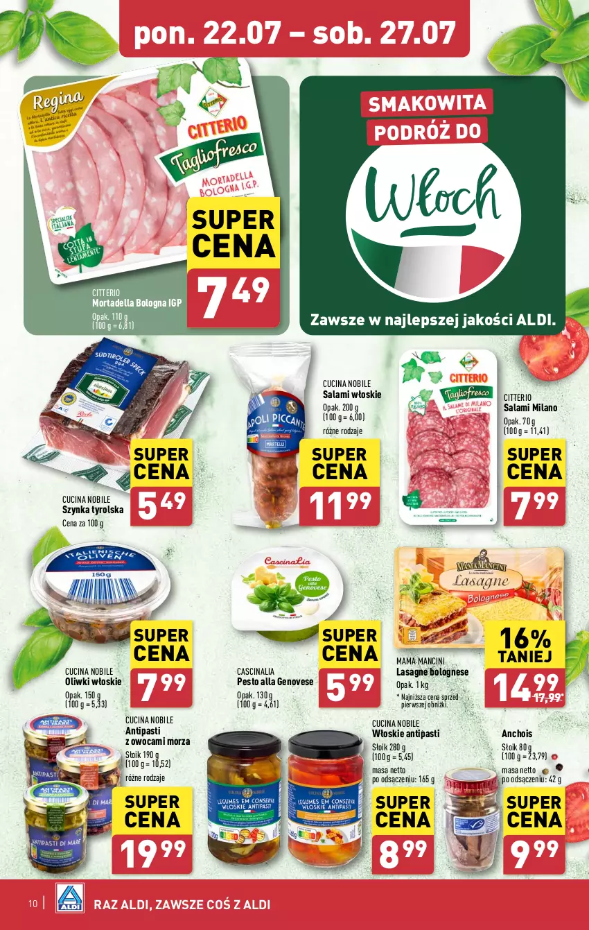 Gazetka promocyjna Aldi - Pełna oferta - ważna 22.07 do 27.07.2024 - strona 10 - produkty: Dell, Lasagne, Lasagne bolognese, Mortadella, Oliwki, Pesto, Salami, Szynka