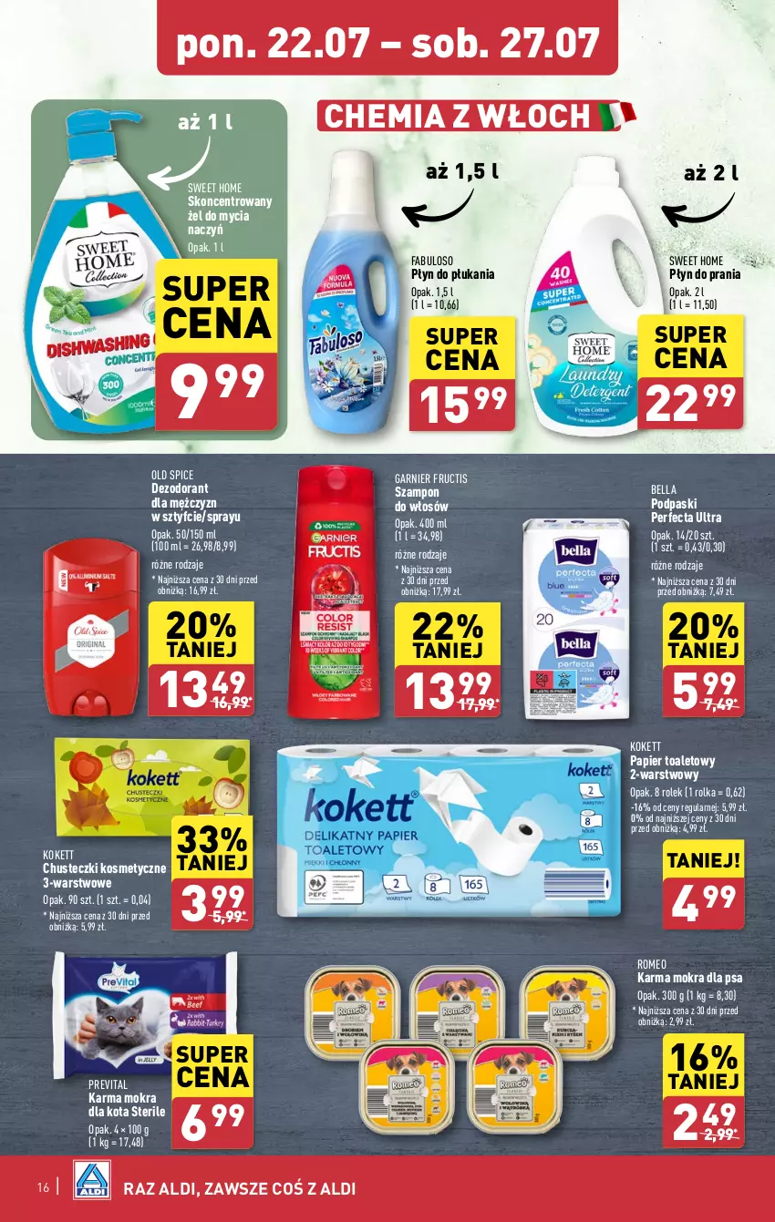 Gazetka promocyjna Aldi - Pełna oferta - ważna 22.07 do 27.07.2024 - strona 16 - produkty: Bell, Bella, Chusteczki, Chusteczki kosmetyczne, Dezodorant, Do mycia naczyń, Fa, Fructis, Garnier, Old Spice, Papier, Papier toaletowy, Perfecta, Płyn do płukania, Płyn do prania, Podpaski, Szampon