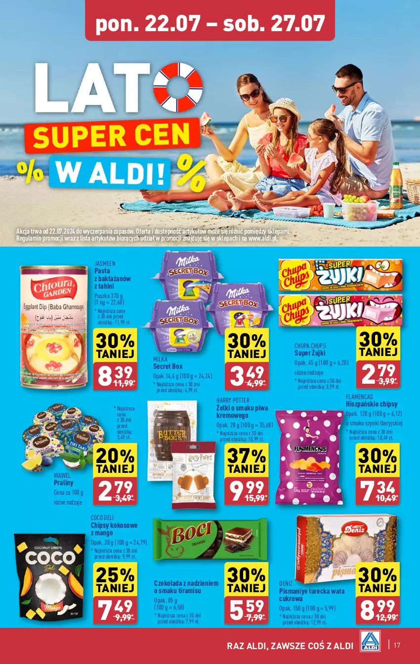 Gazetka promocyjna Aldi - Pełna oferta - ważna 22.07 do 27.07.2024 - strona 17 - produkty: Chipsy, Chupa Chups, Czekolada, Harry Potter, Kokos, Mango, Milka, Pasta z bakłażanów, Piwa, Praliny, Wata cukrowa, Wawel