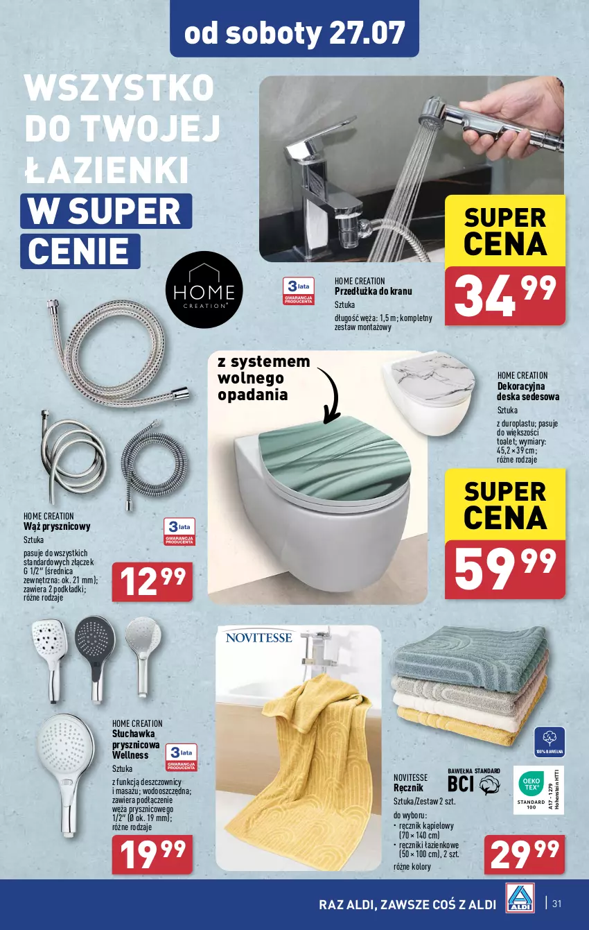 Gazetka promocyjna Aldi - Pełna oferta - ważna 22.07 do 27.07.2024 - strona 31 - produkty: Deska sedesowa, Podkład, Ręcznik, Ręcznik kąpielowy, Słuchawka prysznicowa, Wełna