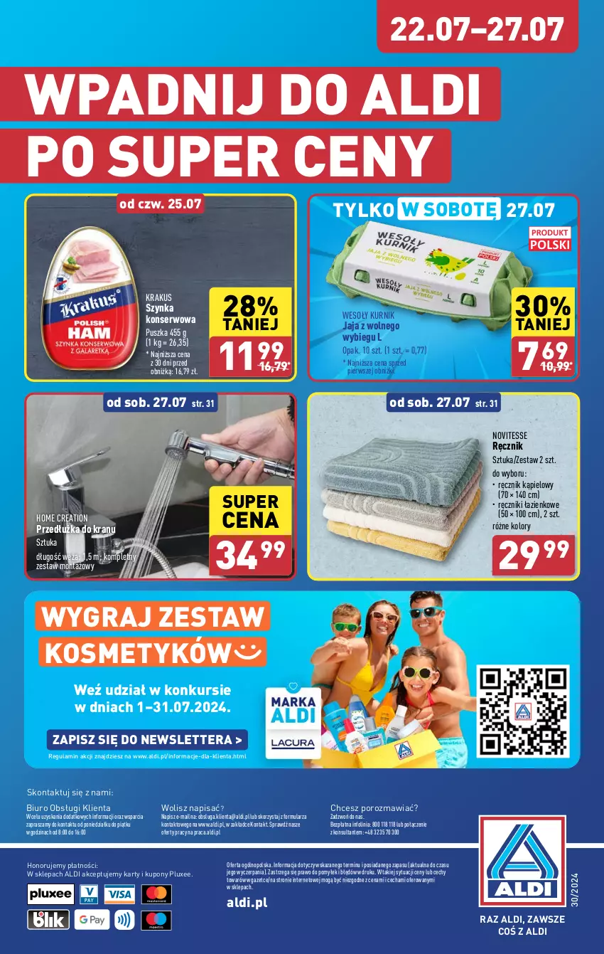 Gazetka promocyjna Aldi - Pełna oferta - ważna 22.07 do 27.07.2024 - strona 34 - produkty: Biuro, Gra, Jaja, Jaja z wolnego wybiegu, Krakus, O nas, Por, Ręcznik, Ręcznik kąpielowy, Ser, Szynka, Szynka konserwowa, Tera