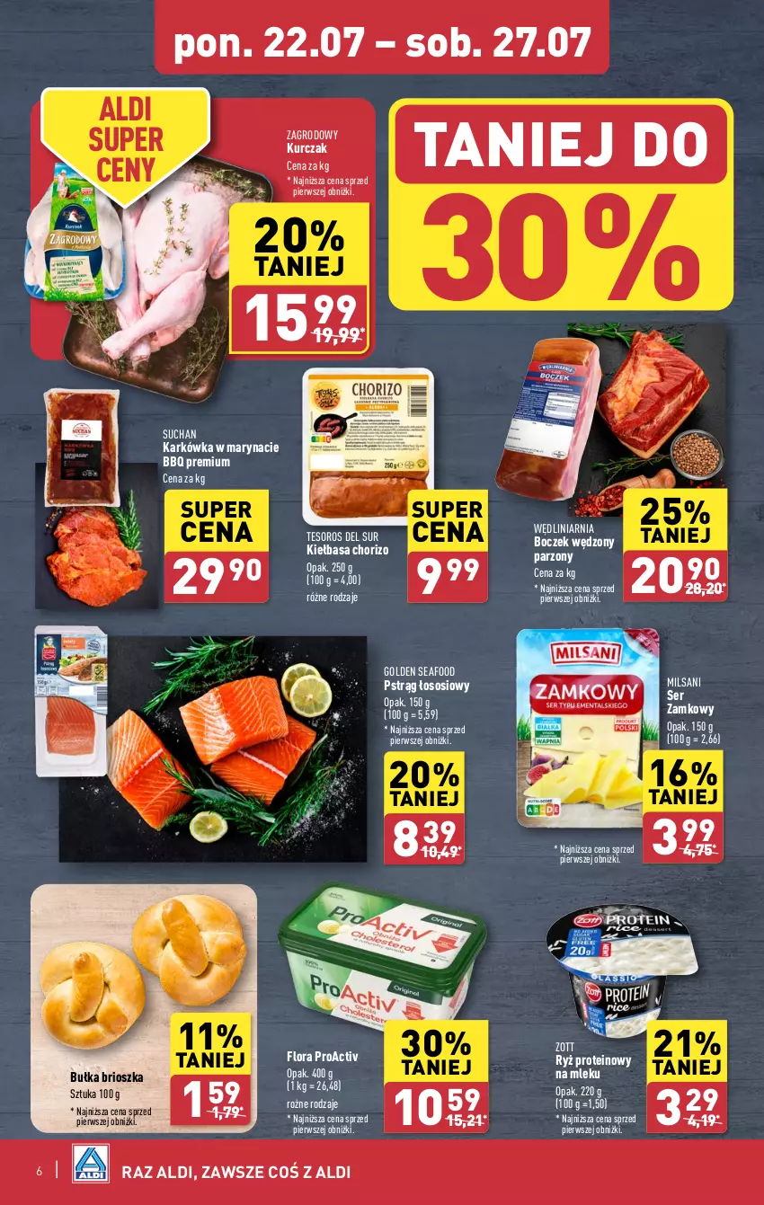 Gazetka promocyjna Aldi - Pełna oferta - ważna 22.07 do 27.07.2024 - strona 6 - produkty: Boczek, Bułka, Bułka brioszka, Flora, Golden Seafood, Kiełbasa, Kurczak, Pstrąg, Pstrąg łososiowy, Ryż, Ser, Sos, Zott