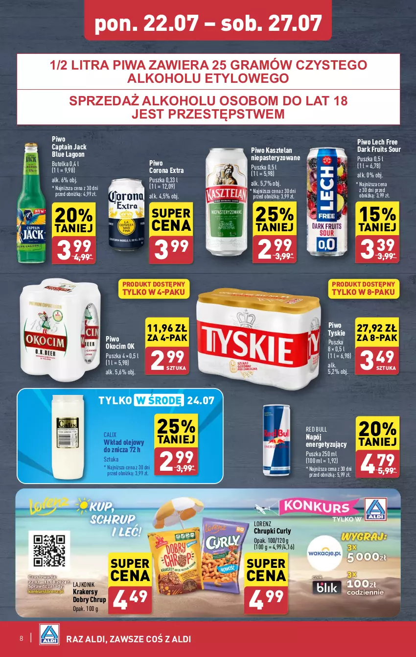 Gazetka promocyjna Aldi - Pełna oferta - ważna 22.07 do 27.07.2024 - strona 8 - produkty: Captain Jack, Chrupki, Corona Extra, Gra, Kasztelan, Koc, Krakersy, Lajkonik, Lorenz, Napój, Okocim, Olej, Piwa, Piwo, Red Bull, Tyskie, Wkład olejowy, Znicz