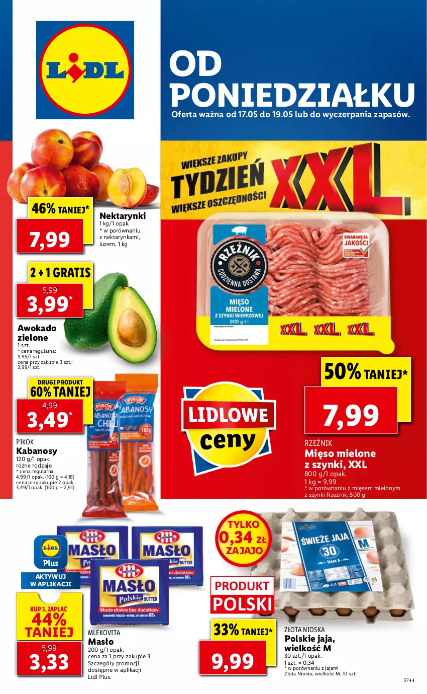 Gazetka promocyjna Lidl - GAZETKA - ważna 17.05 do 19.05.2021 - strona 1 - produkty: Gra, Jaja, Kabanos, Masło, Mięso, Mięso mielone, Mięso mielone z szynki, Mleko, Mlekovita, Nektar, Nektarynka, PIKOK, Por