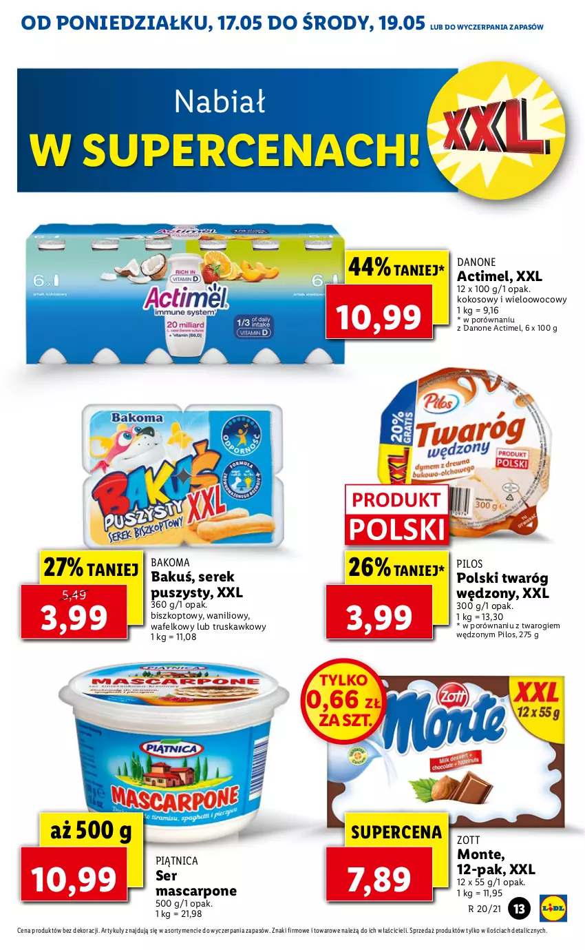 Gazetka promocyjna Lidl - GAZETKA - ważna 17.05 do 19.05.2021 - strona 13 - produkty: Actimel, Bakoma, Danone, Kokos, Mascarpone, Monte, Piątnica, Pilos, Por, Ser, Serek, Serek puszysty, Twaróg, Zott