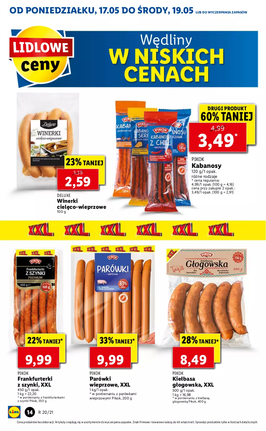 Gazetka promocyjna Lidl - GAZETKA - ważna 17.05 do 19.05.2021 - strona 14 - produkty: Frankfurterki, Kabanos, Kiełbasa, Kiełbasa głogowska, Parówki, PIKOK, Por