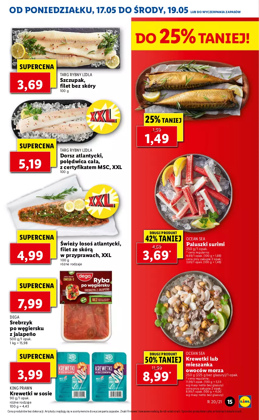 Gazetka promocyjna Lidl - GAZETKA - ważna 17.05 do 19.05.2021 - strona 15 - produkty: Dega, Dorsz, Krewetki, Lazur, Polędwica, Sos, Surimi, Tusz, Zupa