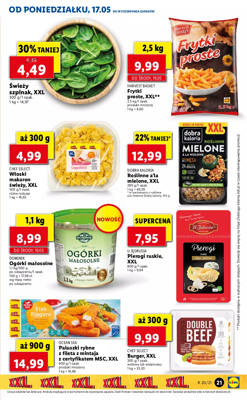 Gazetka promocyjna Lidl - GAZETKA - ważna 17.05 do 19.05.2021 - strona 21 - produkty: Burger, Frytki, Makaron, Mintaj, Paluszki rybne, Pierogi, Por, Szpinak