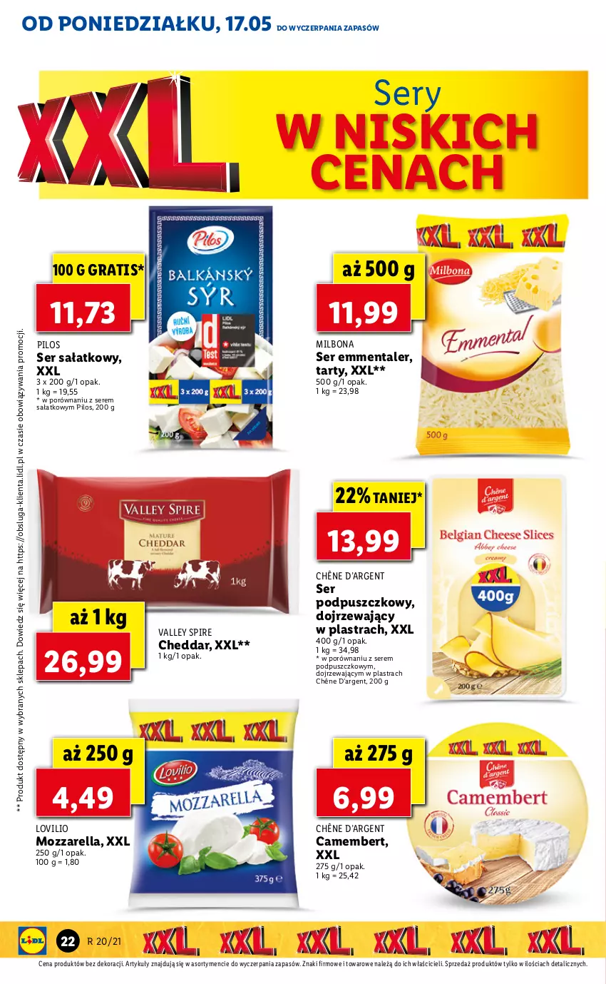 Gazetka promocyjna Lidl - GAZETKA - ważna 17.05 do 19.05.2021 - strona 22 - produkty: Camembert, Cheddar, Emmental, Gra, Lovi, Mozzarella, Pilos, Por, Sałat, Ser