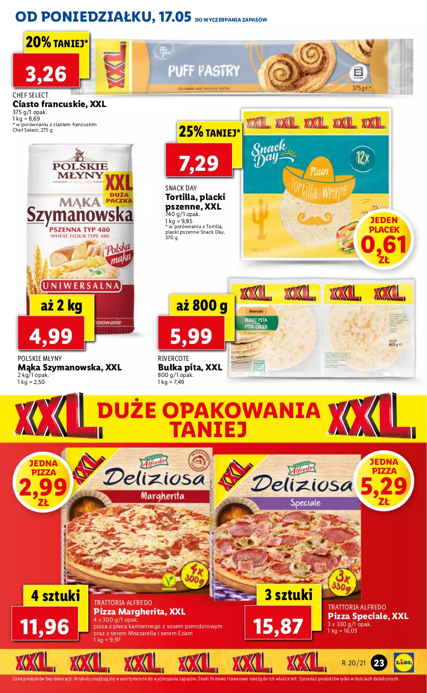 Gazetka promocyjna Lidl - GAZETKA - ważna 17.05 do 19.05.2021 - strona 23 - produkty: Bułka, Ciasto francuskie, Edam, Lack, Mąka, Mozzarella, Piec, Pizza, Pizza margherita, Pizza z pieca kamiennego, Polskie Młyny, Por, Ser, Sos, Tortilla