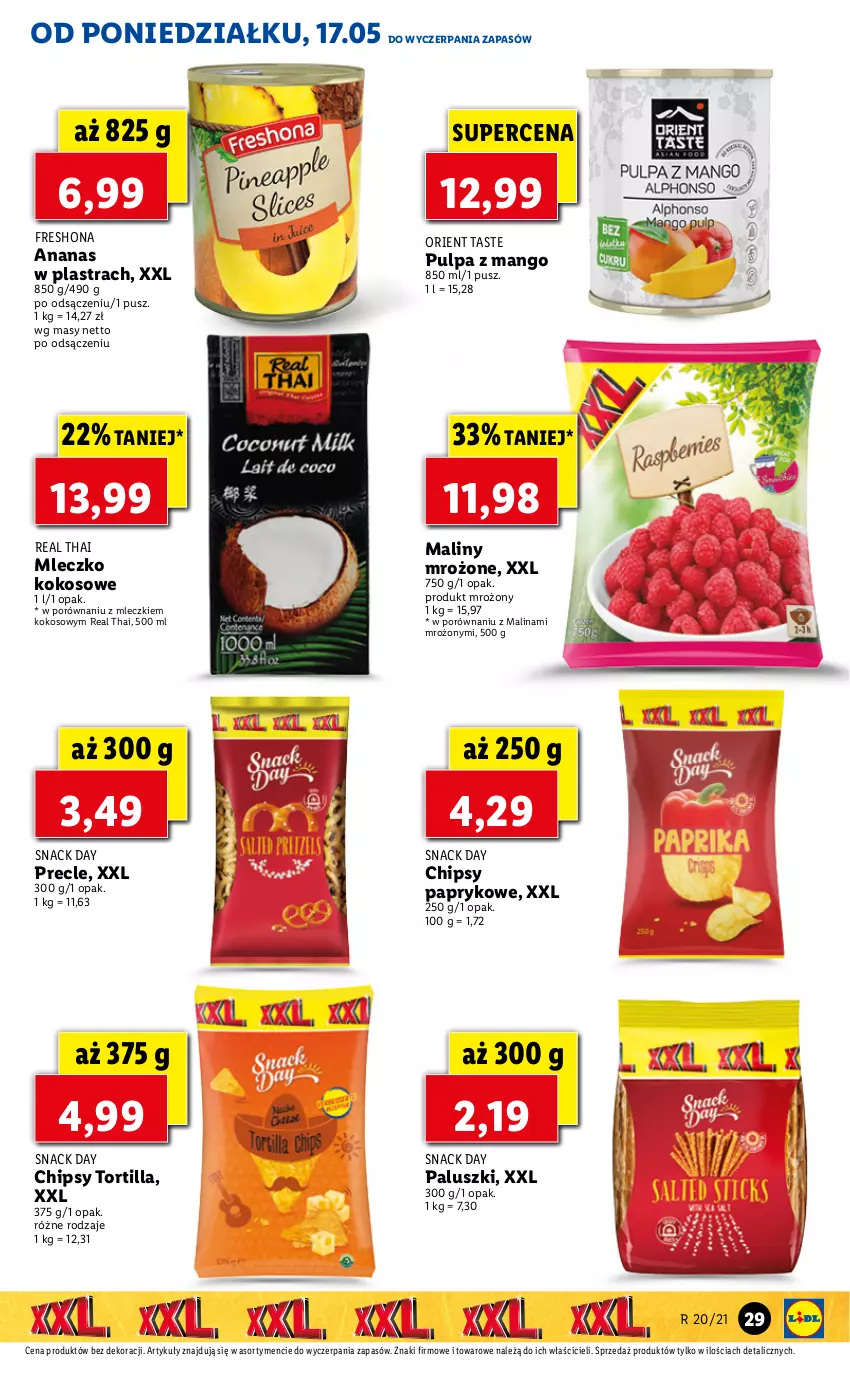 Gazetka promocyjna Lidl - GAZETKA - ważna 17.05 do 19.05.2021 - strona 29 - produkty: Ananas, Ananas w plastrach, Chipsy, Kokos, Maliny, Mango, Mleczko, Por, Precle, Tortilla