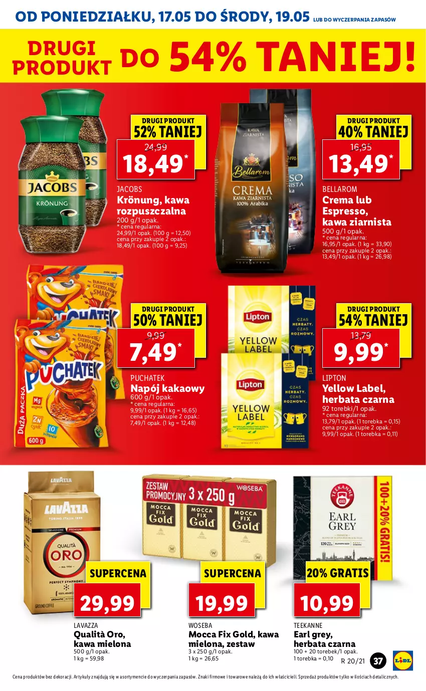 Gazetka promocyjna Lidl - GAZETKA - ważna 17.05 do 19.05.2021 - strona 37 - produkty: Bell, Bella, Earl Grey, Gra, Herbata, Herbata czarna, Jacobs, Kakao, Kawa, Kawa mielona, Kawa rozpuszczalna, Kawa ziarnista, Lavazza, Lipton, Mocca Fix Gold, Napój, Teekanne, Torebka, Woseba