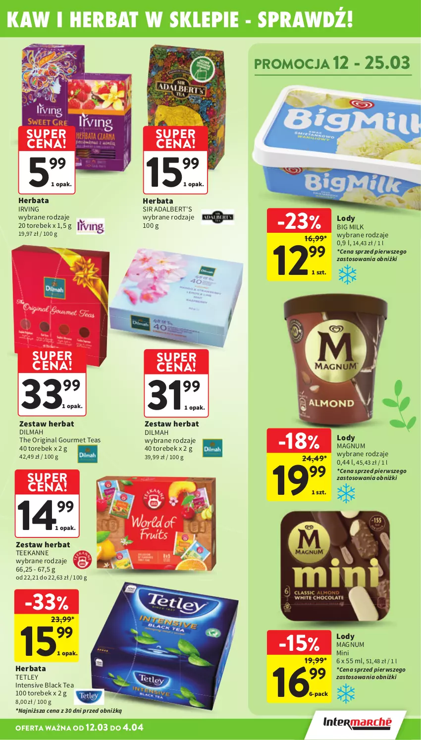 Gazetka promocyjna Intermarche - Gazetka Intermarche - ważna 12.03 do 18.03.2026 - strona 15 - produkty: Big Milk, Dilmah, Gin, Herbata, Irving, Lack, Lody, Teekanne, Tetley