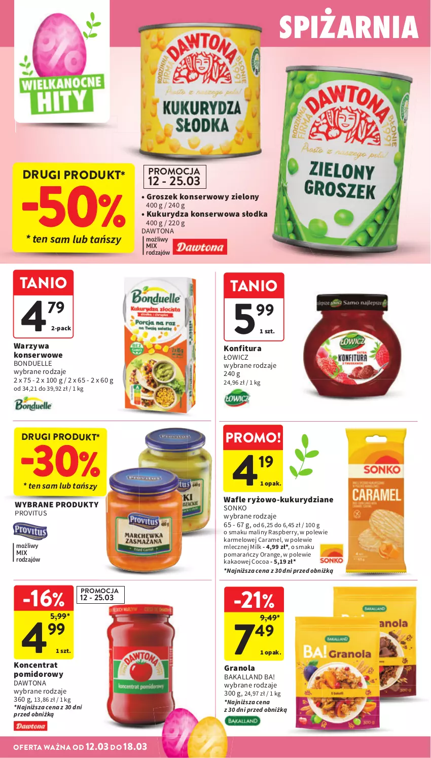 Gazetka promocyjna Intermarche - Gazetka Intermarche - ważna 12.03 do 18.03.2026 - strona 32 - produkty: Ba!, Bakalland, Bonduelle, Dawtona, Gra, Granola, Groszek, Kakao, Koncentrat pomidorowy, Konfitura, Kukurydza, Kukurydza konserwowa, Maliny, Ryż, Ser, Sonko, Wafle, Warzywa, Warzywa konserwowe