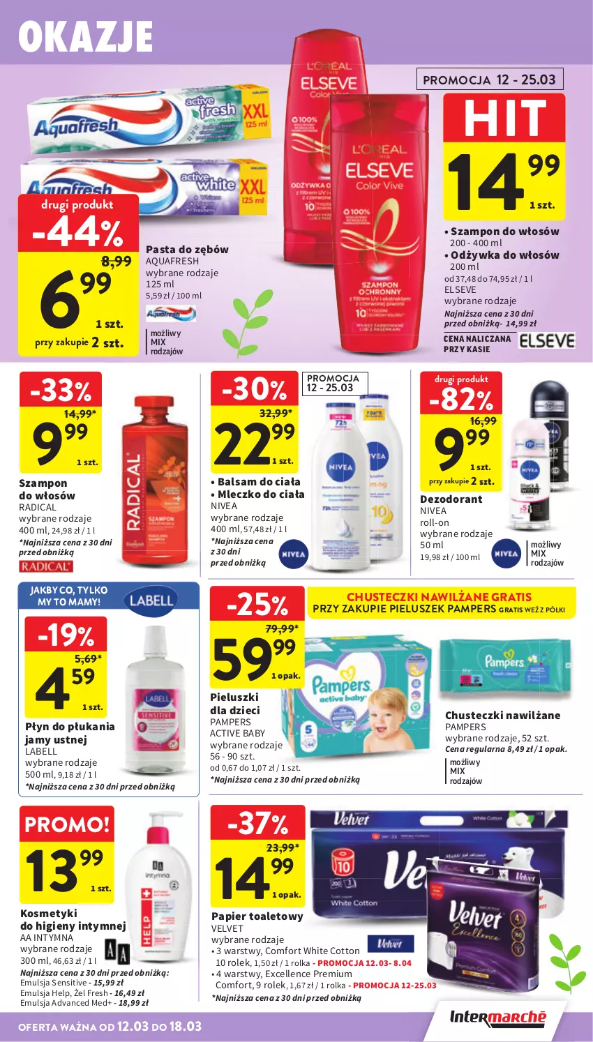 Gazetka promocyjna Intermarche - Gazetka Intermarche - ważna 12.03 do 18.03.2026 - strona 45 - produkty: Aquafresh, Balsam do ciała, Bell, Chusteczki, Dezodorant, Dzieci, Elseve, Emulsja, Gra, Mleczko, Mleczko do ciała, Nivea, Odżywka, Pampers, Papier, Papier toaletowy, Pasta do zębów, Płyn do płukania, Płyn do płukania jamy ustnej, Szampon, Velvet