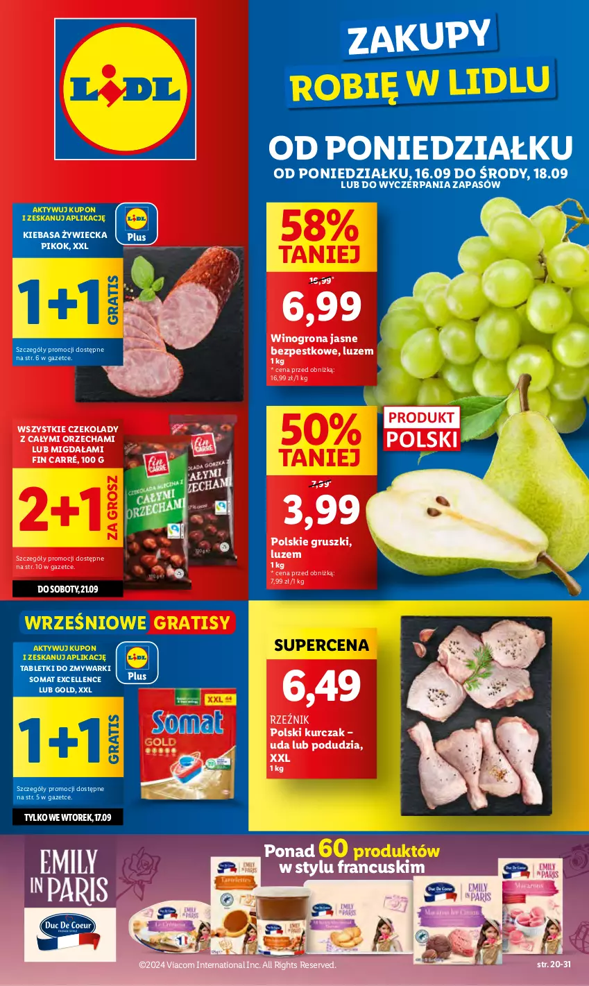 Gazetka promocyjna Lidl - GAZETKA - ważna 16.09 do 18.09.2024 - strona 1 - produkty: Gra, Gruszki, Kurczak, LG, PIKOK, Ser, Sok, Somat, Tablet, Tabletki do zmywarki, Wino, Winogrona, Zmywarki