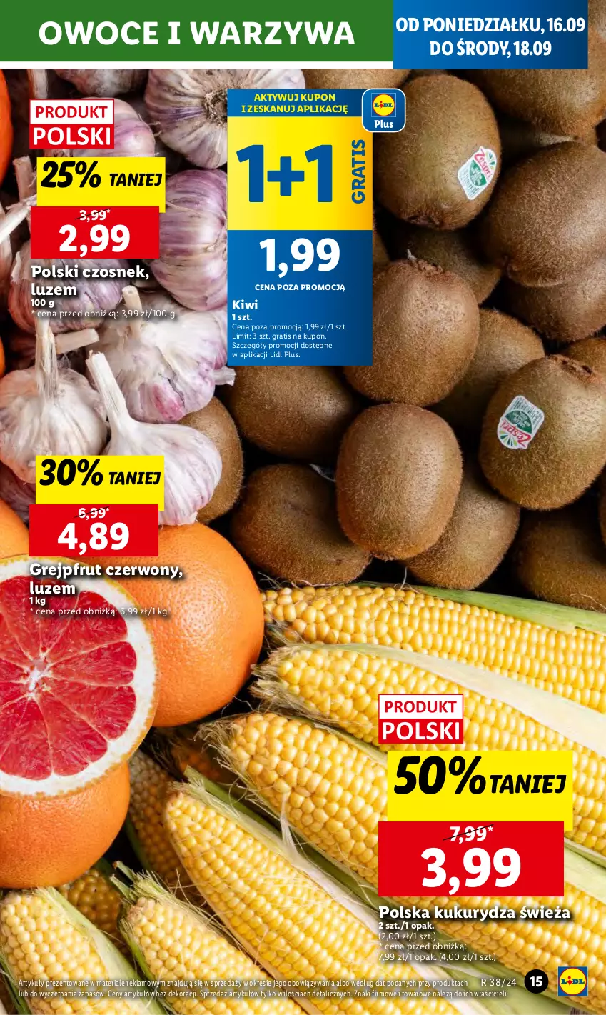 Gazetka promocyjna Lidl - GAZETKA - ważna 16.09 do 18.09.2024 - strona 19 - produkty: Czosnek, Gra, Grejpfrut, Kiwi, Kukurydza, Owoce, Warzywa