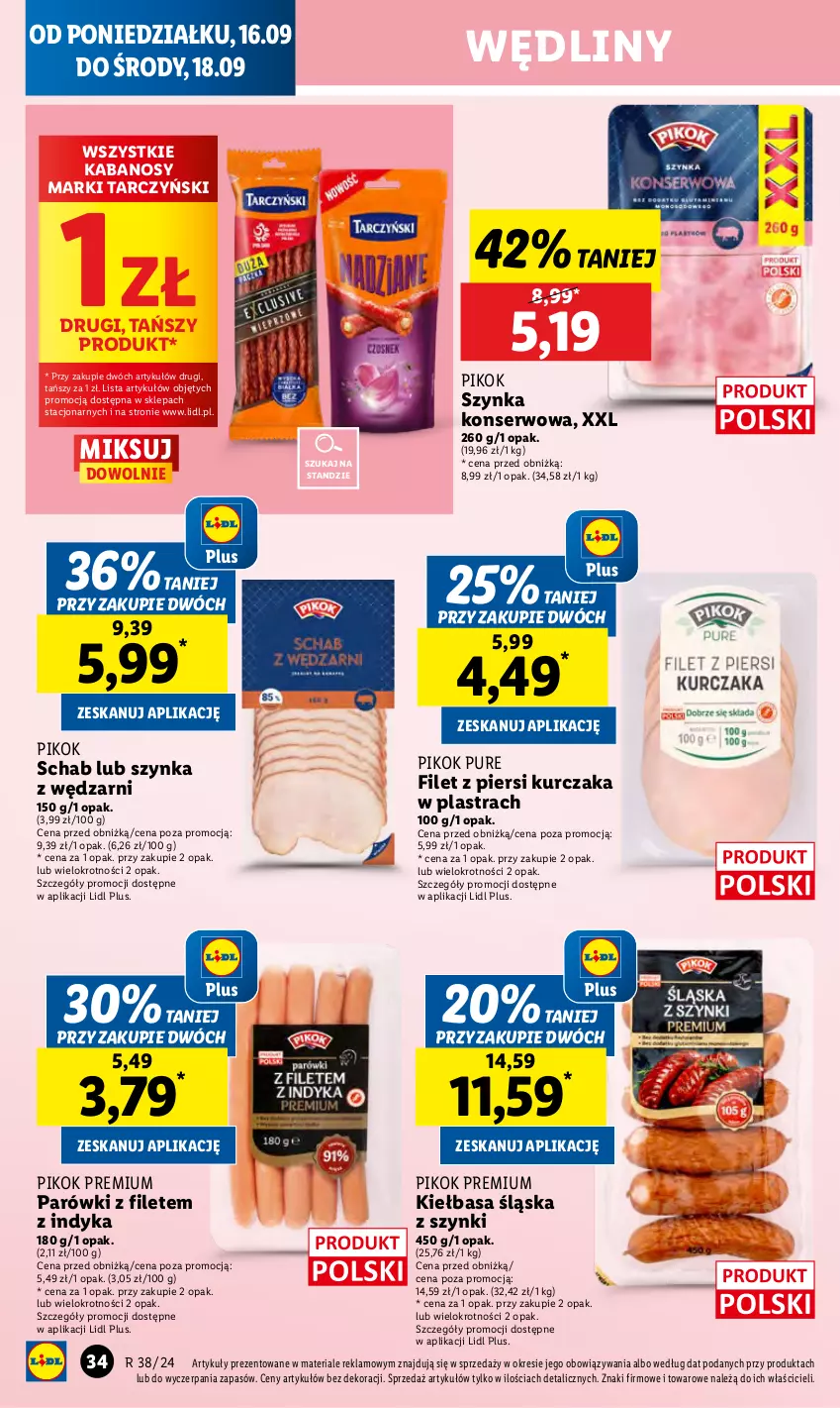 Gazetka promocyjna Lidl - GAZETKA - ważna 16.09 do 18.09.2024 - strona 38 - produkty: Filet z piersi kurczaka, Kabanos, Kiełbasa, Kiełbasa śląska, Kurczak, Parówki, PIKOK, Pur, Ser, Szynka, Szynka konserwowa, Tarczyński