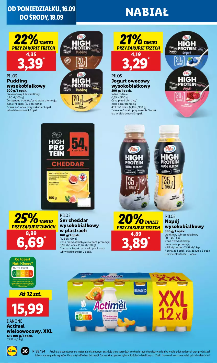 Gazetka promocyjna Lidl - GAZETKA - ważna 16.09 do 18.09.2024 - strona 40 - produkty: Actimel, Cheddar, Danone, Jogurt, Jogurt owocowy, Napój, Pilos, Pudding, Ser, Sok