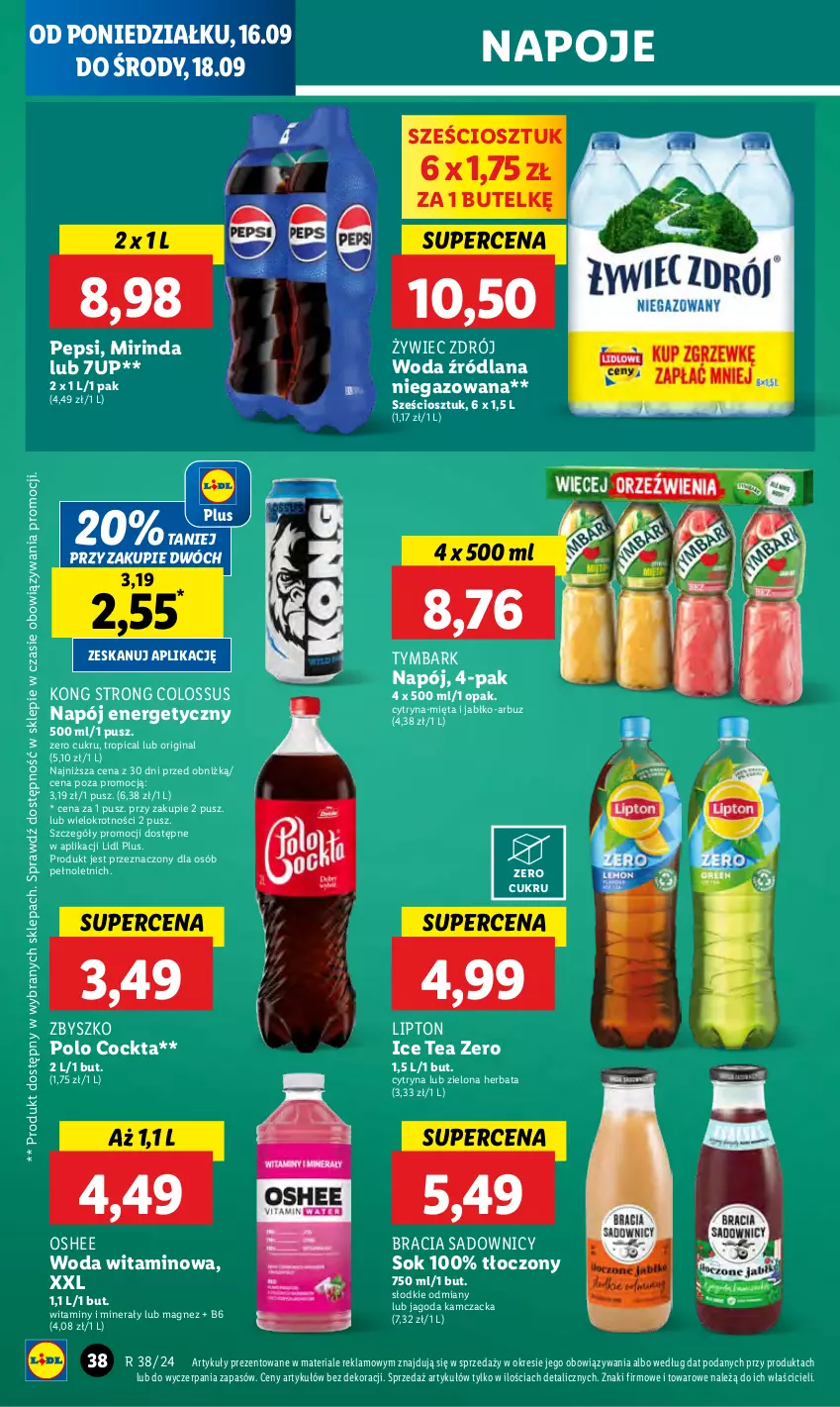 Gazetka promocyjna Lidl - GAZETKA - ważna 16.09 do 18.09.2024 - strona 42 - produkty: 7up, Arbuz, Gin, Herbata, Ice tea, LANA, Lipton, Magnez, Mięta, Mirinda, Napój, Napój energetyczny, Napoje, Oshee, Pepsi, Sok, Tropical, Tymbark, Woda