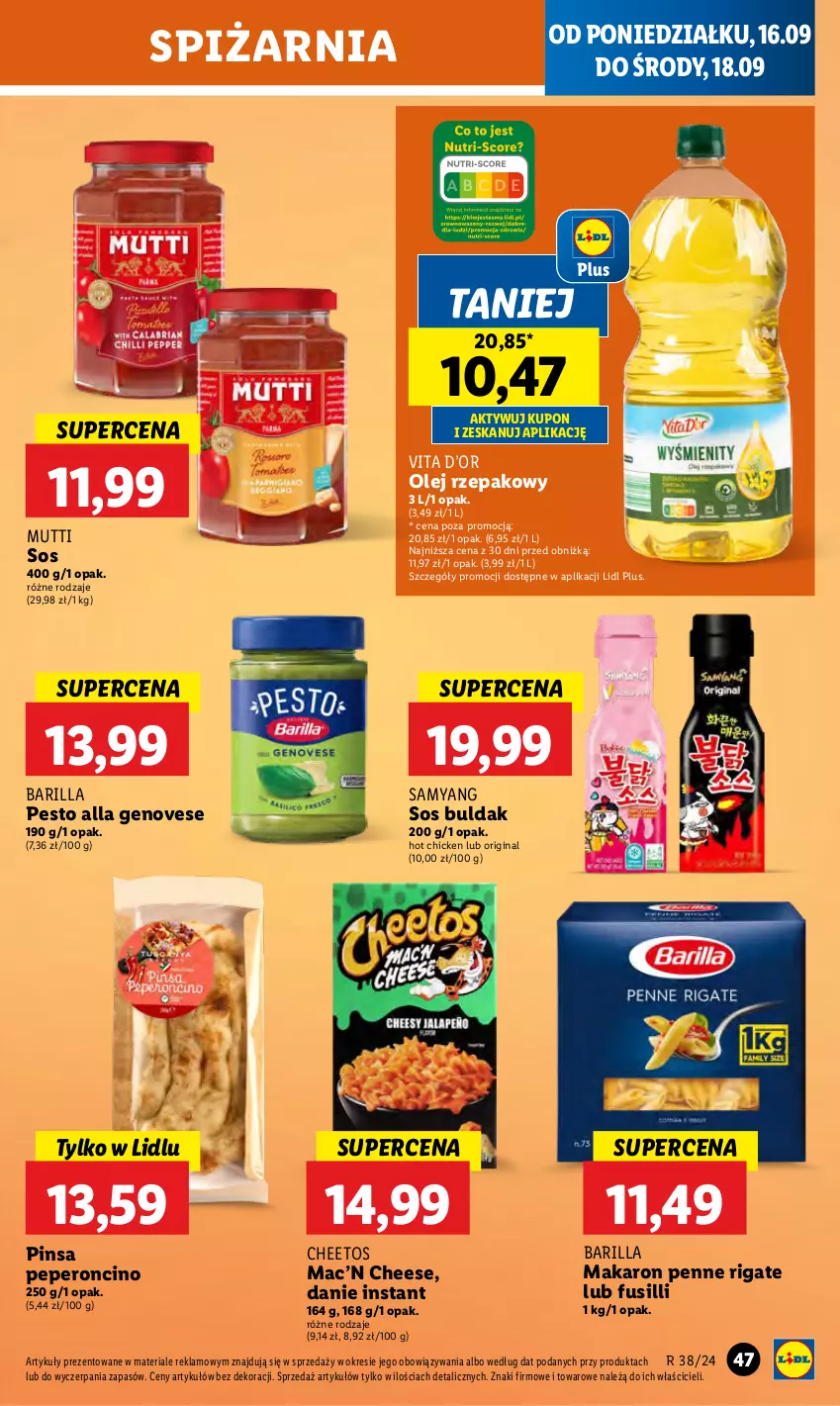 Gazetka promocyjna Lidl - GAZETKA - ważna 16.09 do 18.09.2024 - strona 53 - produkty: Barilla, Cheetos, Gin, Makaron, Olej, Olej rzepakowy, Penne, Pesto, Sos