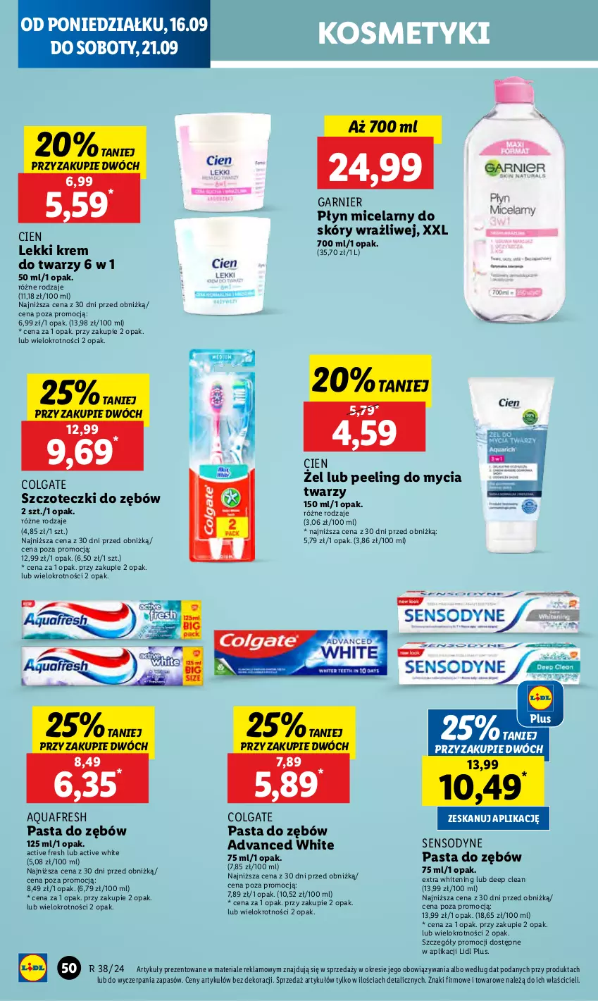 Gazetka promocyjna Lidl - GAZETKA - ważna 16.09 do 18.09.2024 - strona 56 - produkty: Aquafresh, Colgate, Garnier, Krem do twarzy, LG, Pasta do zębów, Peeling, Płyn micelarny, Sensodyne