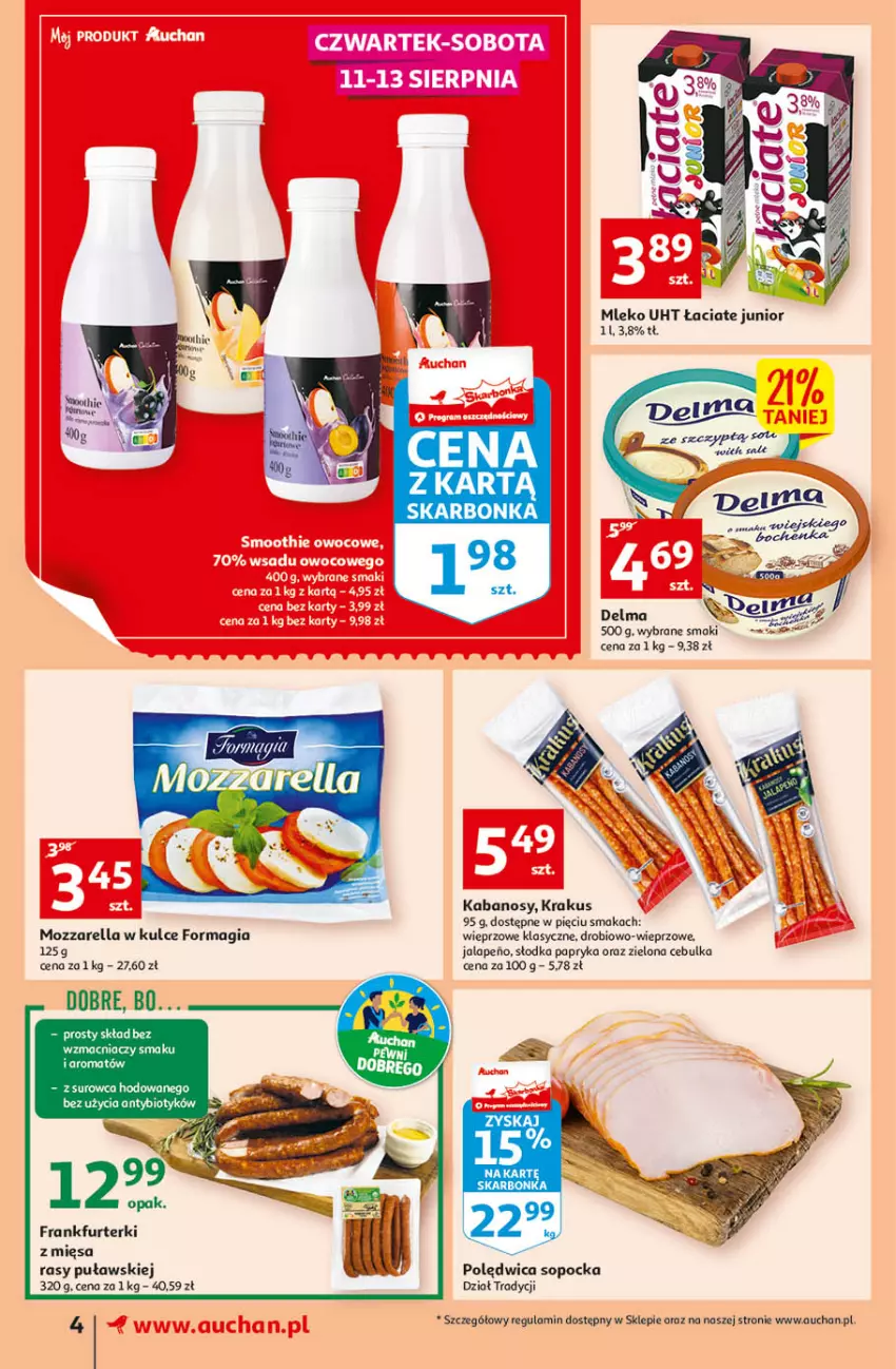 Gazetka promocyjna Auchan - Szkoła oszczędzania smaczne przeOferty Supermarkety - ważna 11.08 do 17.08.2022 - strona 4 - produkty: Delma, Frankfurterki, Kabanos, Krakus, Mleko, Mozzarella, Papryka, Polędwica