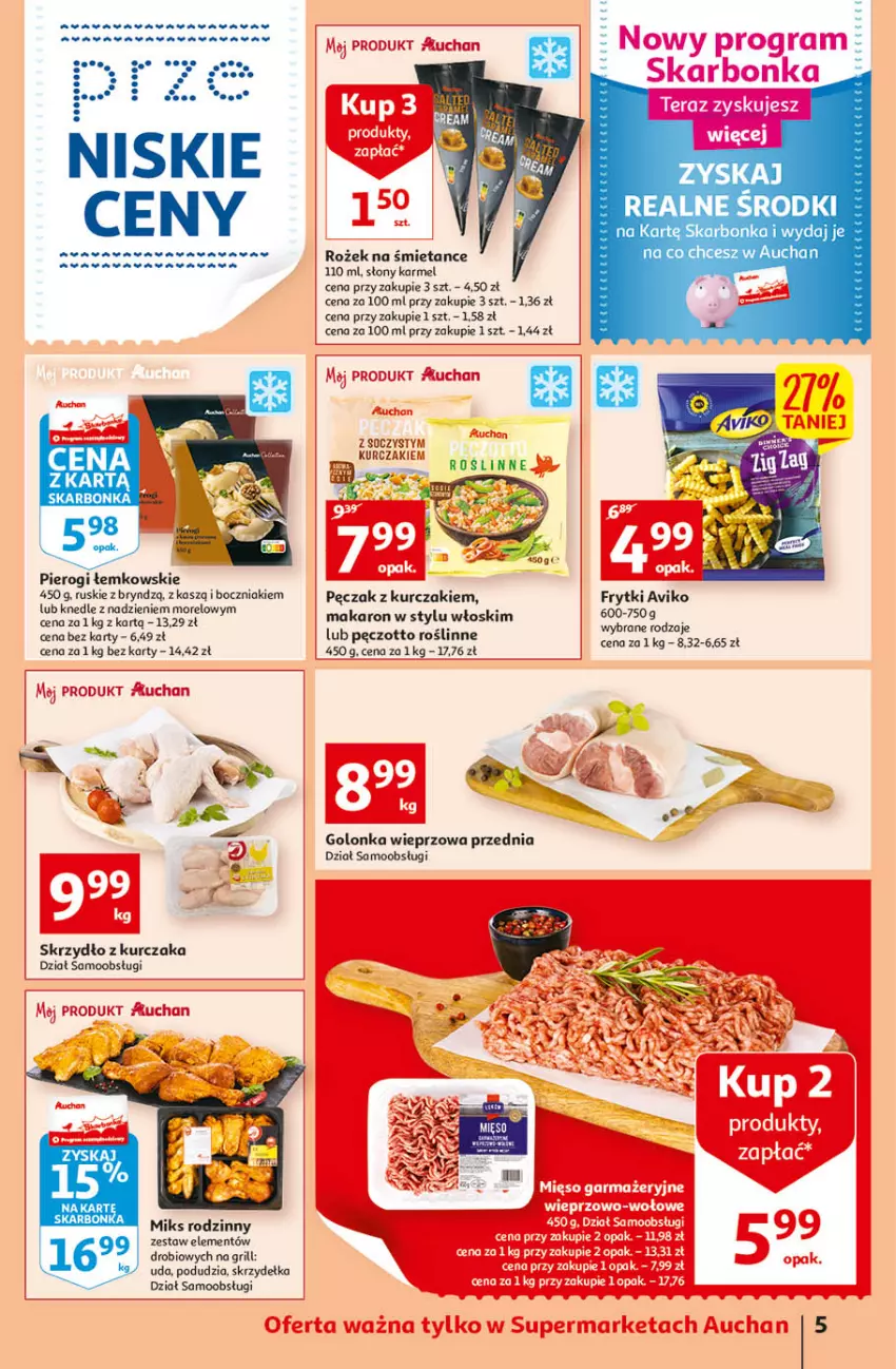 Gazetka promocyjna Auchan - Szkoła oszczędzania smaczne przeOferty Supermarkety - ważna 11.08 do 17.08.2022 - strona 5 - produkty: Boczniak, Frytki, Golonka wieprzowa, Grill, Knedle, Kurczak, Makaron, Pierogi, Zott