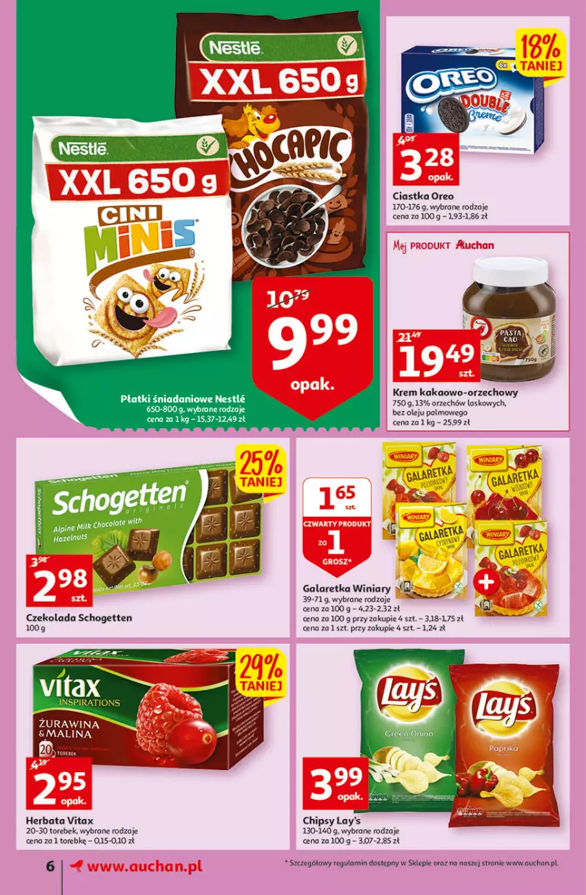 Gazetka promocyjna Auchan - Szkoła oszczędzania smaczne przeOferty Supermarkety - ważna 11.08 do 17.08.2022 - strona 6 - produkty: Chipsy, Ciastka, Czekolada, Gala, Galaretka, Herbata, Kakao, Olej, Oreo, Schogetten, Vitax, Winiary