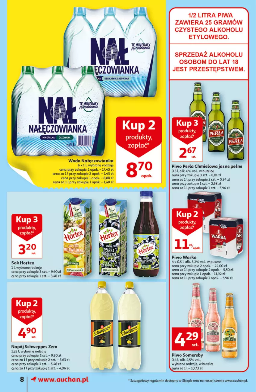 Gazetka promocyjna Auchan - Szkoła oszczędzania smaczne przeOferty Supermarkety - ważna 11.08 do 17.08.2022 - strona 8 - produkty: Gra, Hortex, Nałęczowianka, Napój, Perła, Piwa, Piwo, Schweppes, Sok, Somersby, Warka, Woda