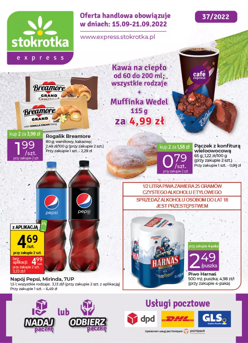 Gazetka promocyjna Stokrotka - Stokrotka Express - ważna 15.09 do 21.09.2022 - strona 1 - produkty: 7up, Gra, Harnaś, Inka, Kakao, Kawa, Mirinda, Pączek, Pepsi, Piwa, Piwo, Rogal