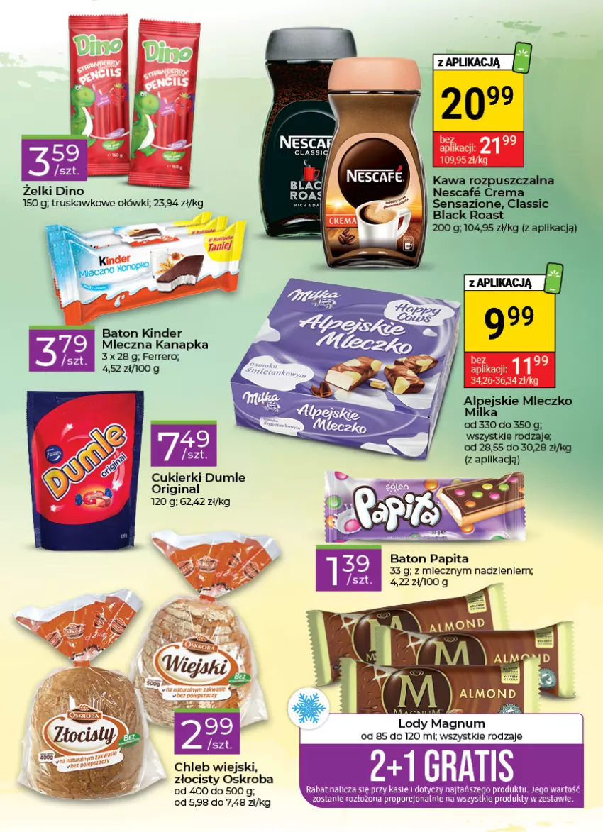 Gazetka promocyjna Stokrotka - Stokrotka Express - ważna 15.09 do 21.09.2022 - strona 3 - produkty: Baton, Chleb, Cukier, Cukierki, Ferrero, Gin, Kawa, Kawa rozpuszczalna, Kinder, Lack, Lody, Milka, Mleczko, Mleczna kanapka