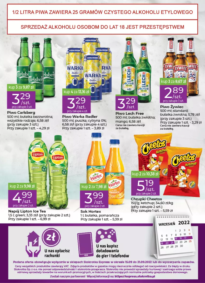 Gazetka promocyjna Stokrotka - Stokrotka Express - ważna 15.09 do 21.09.2022 - strona 4 - produkty: Carlsberg, Cheetos, Chrupki, Fa, Gra, Hortex, Ketchup, Mango, Napój, Piwa, Piwo, Radler, Sok, Telefon, Warka