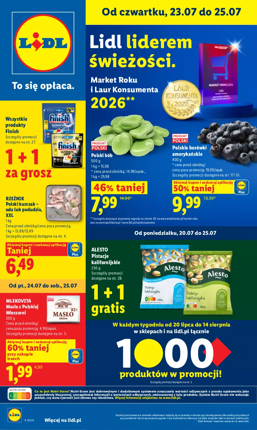 Gazetka promocyjna Lidl - Gazetka ważna od 23.07. do 25.07. - ważna 23.07 do 25.07.2026 - strona 1 - produkty: Finish, Gra, Kurczak, Laur, Masło, Mleko, Mlekovita, Pistacje