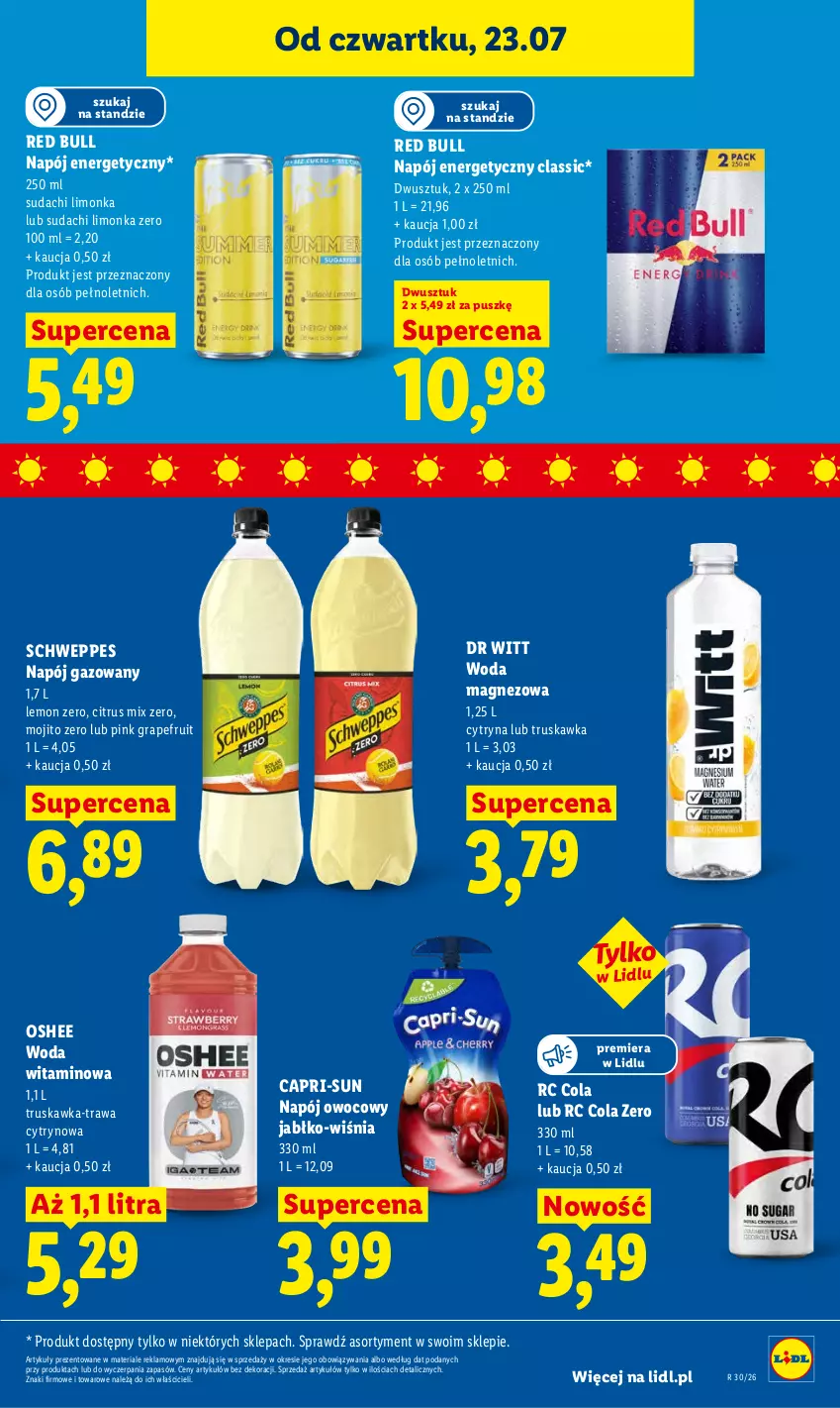 Gazetka promocyjna Lidl - Gazetka ważna od 23.07. do 25.07. - ważna 23.07 do 25.07.2026 - strona 75 - produkty: Gra, Limonka, Magnez, Napój, Napój energetyczny, Napój gazowany, Oshee, Red Bull, Schweppes, Woda