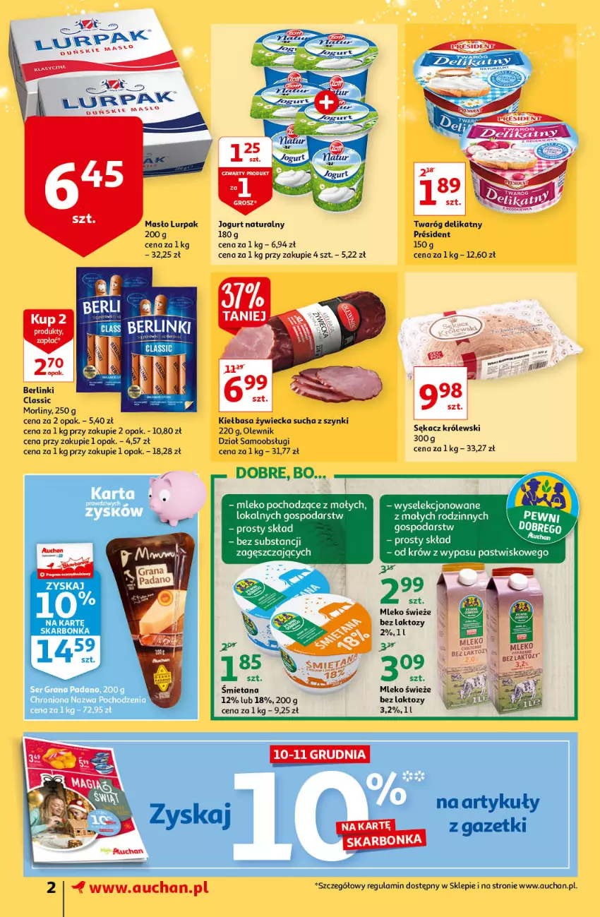 Gazetka promocyjna Auchan - Magia Świąt Moje Auchan - ważna 09.12 do 15.12.2021 - strona 2 - produkty: Berlinki, Jogurt, Jogurt naturalny, Kiełbasa, Królewski, Lurpak, Maska, Masło, Mleko, Morliny, Olewnik, Sękacz, Twaróg, Twaróg delikatny