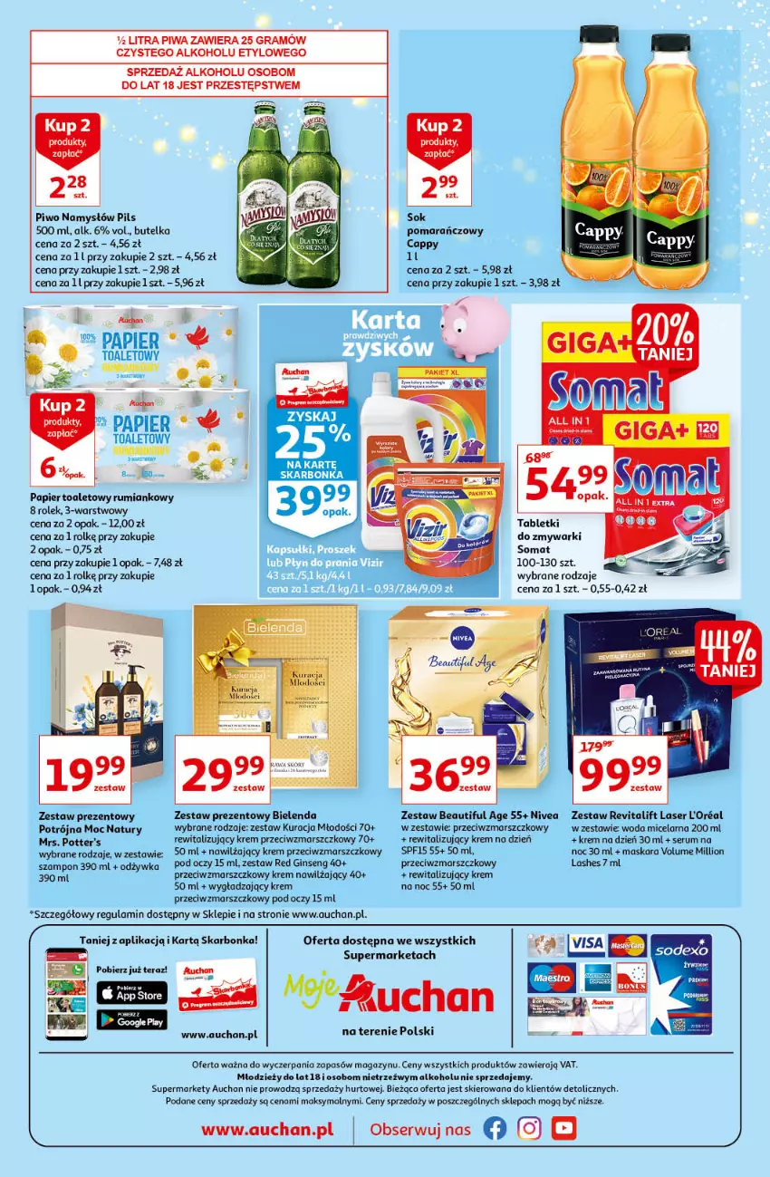 Gazetka promocyjna Auchan - Magia Świąt Moje Auchan - ważna 09.12 do 15.12.2021 - strona 4 - produkty: Bielenda, Cappy, Gin, Gra, Krem na dzień, Krem na noc, Krem nawilżający, Krem przeciwzmarszczkowy, Lion, Mars, Maska, Maskara, Namysłów, Nivea, Odżywka, Papier, Papier toaletowy, Piwa, Piwo, Rum, Ser, Serum, Sok, Somat, Szampon, Tablet, Woda, Woda micelarna, Zestaw prezentowy, Zmywarki