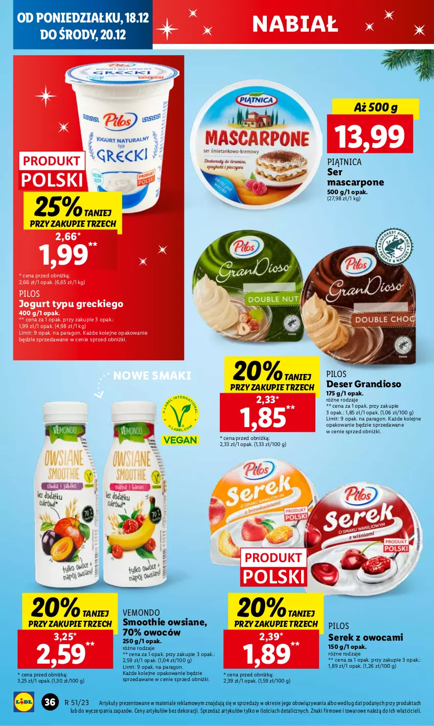 Gazetka promocyjna Lidl - GAZETKA - ważna 18.12 do 20.12.2023 - strona 40 - produkty: Deser, Gra, Jogurt, Mascarpone, Olej, Piątnica, Pilos, Ser, Serek, Smoothie