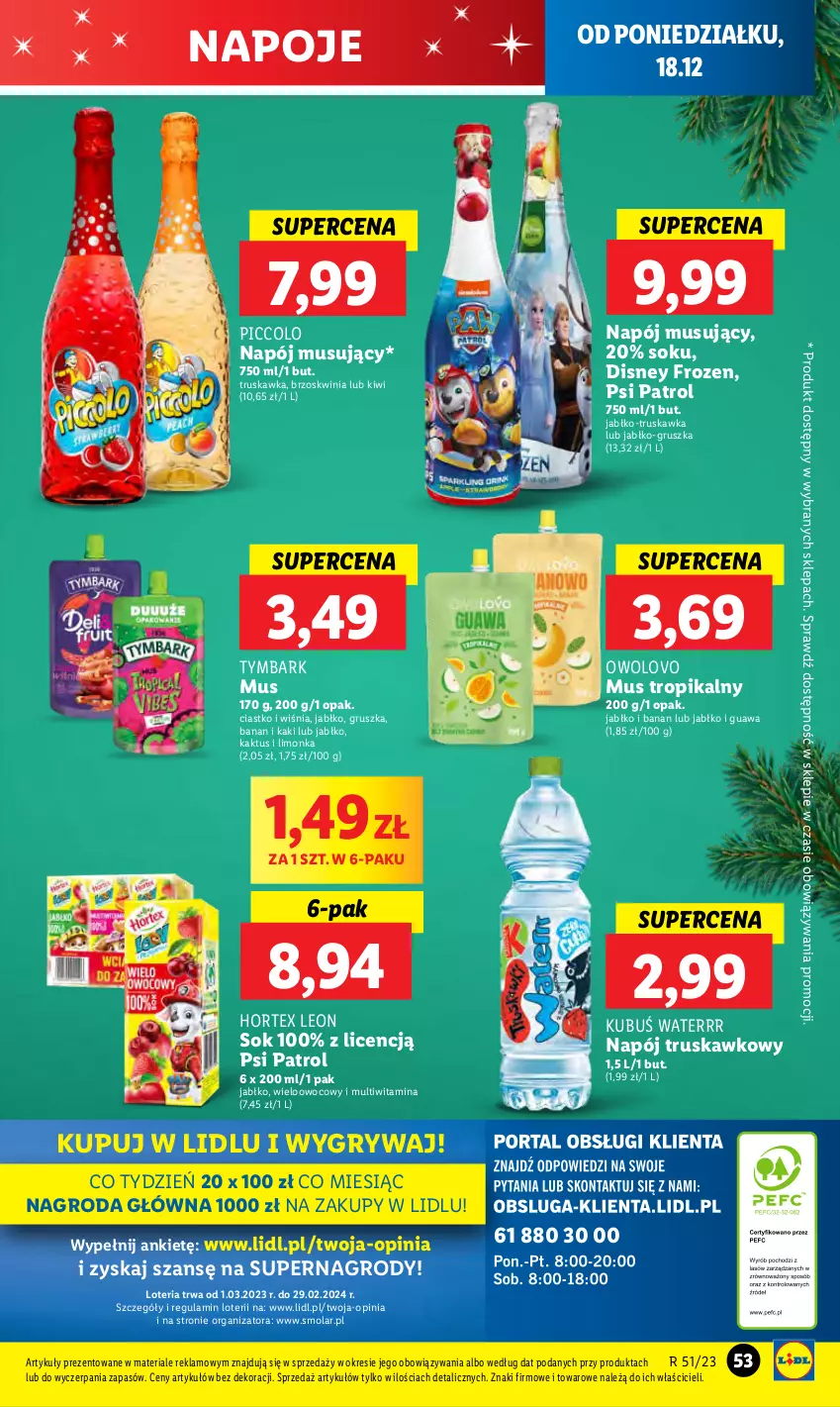 Gazetka promocyjna Lidl - GAZETKA - ważna 18.12 do 20.12.2023 - strona 59 - produkty: Disney, Frozen, Gry, Hortex, Kaki, Kaktus, Kiwi, Kubuś, Kubuś Waterrr, Leon, Limonka, Mola, Mus, Napój, Napój musujący, Napoje, Psi Patrol, Sok, Tymbark