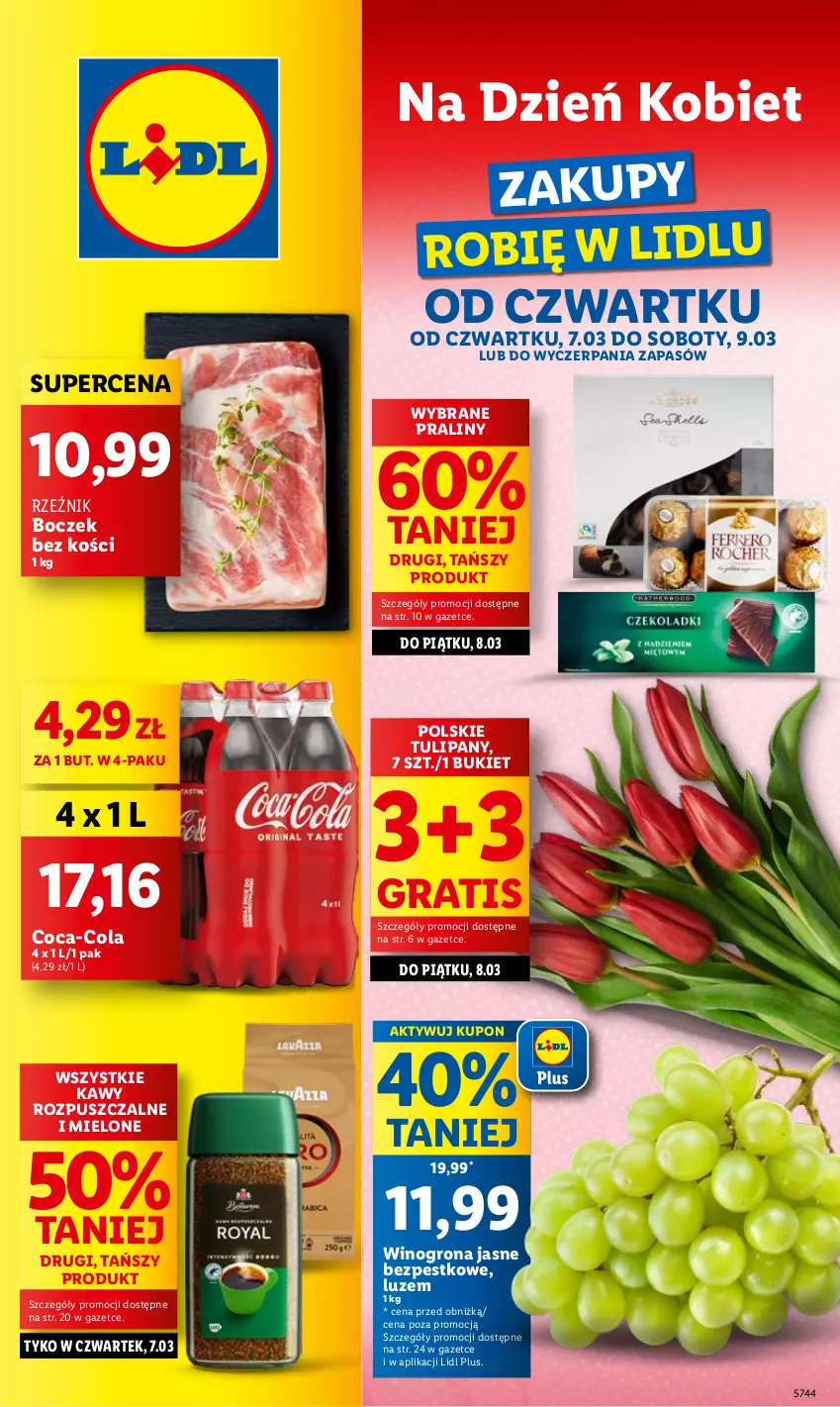 Gazetka promocyjna Lidl - GAZETKA - ważna 07.03 do 09.03.2024 - strona 1 - produkty: Boczek, Boczek bez kości, Bukiet, Coca-Cola, Gra, Praliny, Tulipan, Wino, Winogrona