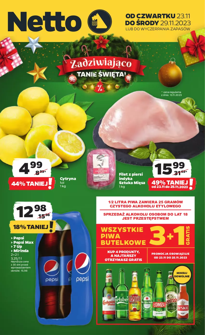 Gazetka promocyjna Netto - Artykuły spożywcze - ważna 23.11 do 29.11.2023 - strona 1 - produkty: Filet z piersi indyka, Gra, Mirinda, Pepsi, Pepsi max, Piwa