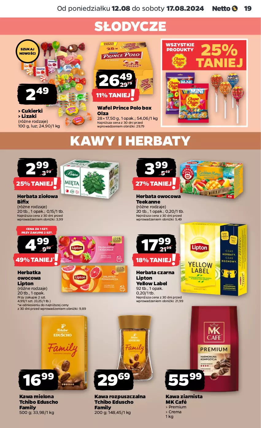 Gazetka promocyjna Netto - Artykuły spożywcze - ważna 12.08 do 17.08.2024 - strona 19 - produkty: Cukier, Cukierki, Fa, Herbata, Herbata czarna, Herbata owocowa, Kawa, Kawa mielona, Kawa rozpuszczalna, Kawa ziarnista, Lipton, Lizaki, Prince Polo, Tchibo, Teekanne