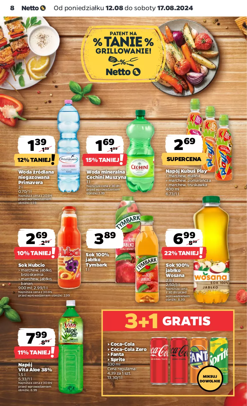 Gazetka promocyjna Netto - Artykuły spożywcze - ważna 12.08 do 17.08.2024 - strona 8 - produkty: Coca-Cola, Fa, Fanta, Gra, Grill, Kubuś, LANA, Mus, Napój, Prima, Primavera, Sok, Sprite, Szyna, Tymbark, Woda, Woda mineralna, Wosana