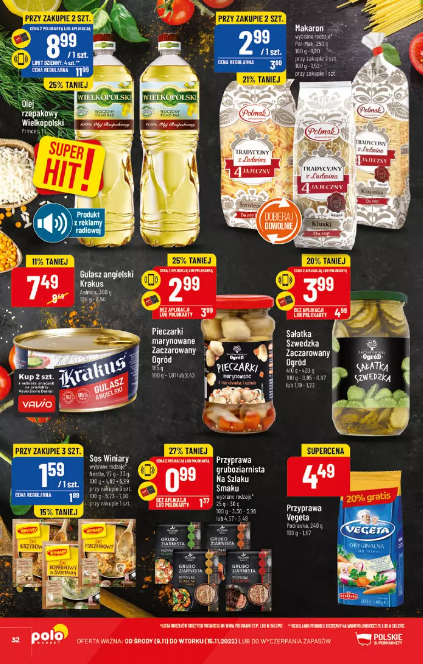 Gazetka promocyjna PoloMarket - Gazetka pomocyjna - ważna 09.11 do 15.11.2022 - strona 32 - produkty: Makaron, Olej, Olej rzepakowy, Piec, Podravka, Top, Vegeta, Winiary