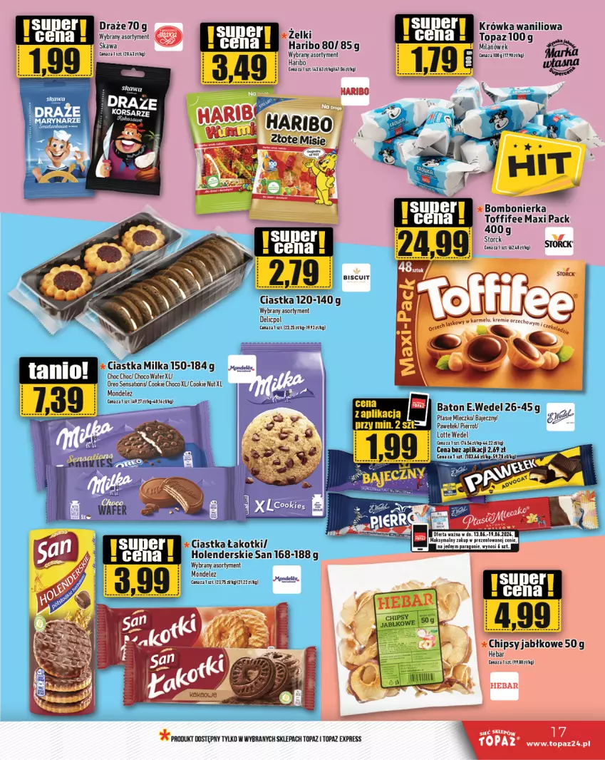 Gazetka promocyjna Topaz - Gazetka - ważna 13.06 do 19.06.2024 - strona 17 - produkty: Baton, Chipsy, Ciastka, Haribo, Kawa, Milka, Mleczko, Oreo, Ptasie mleczko, Sati, Toffifee, Top