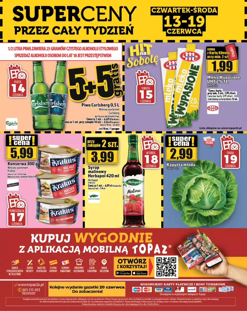 Gazetka promocyjna Topaz - Gazetka - ważna 13.06 do 19.06.2024 - strona 24 - produkty: Carlsberg, Herbapol, Krakus, Olej, Piwo, Ser, Syrop