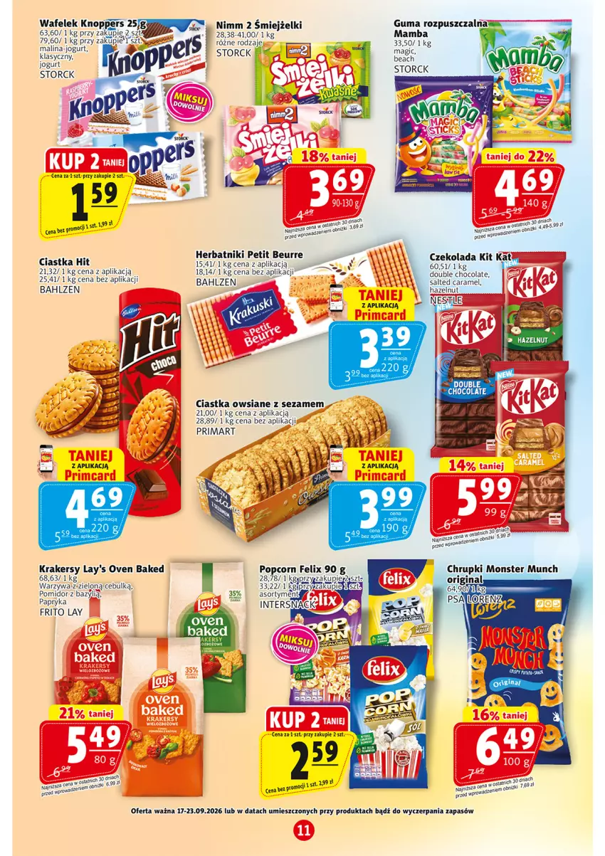 Gazetka promocyjna Prim Market - ważna 17.09 do 23.09.2026 - strona 11 - produkty: Bazyl, Chrupki, Ciastka, Ciastka owsiane, Czekolada, Felix, Gin, Guma rozpuszczalna, Herbatniki, Herbatniki Petit Beurre, Jogurt, Kit Kat, Knoppers, Krakersy, Mamba, Monster Munch, Papryka, Popcorn, Prima, Sezam, Wafelek, Warzywa