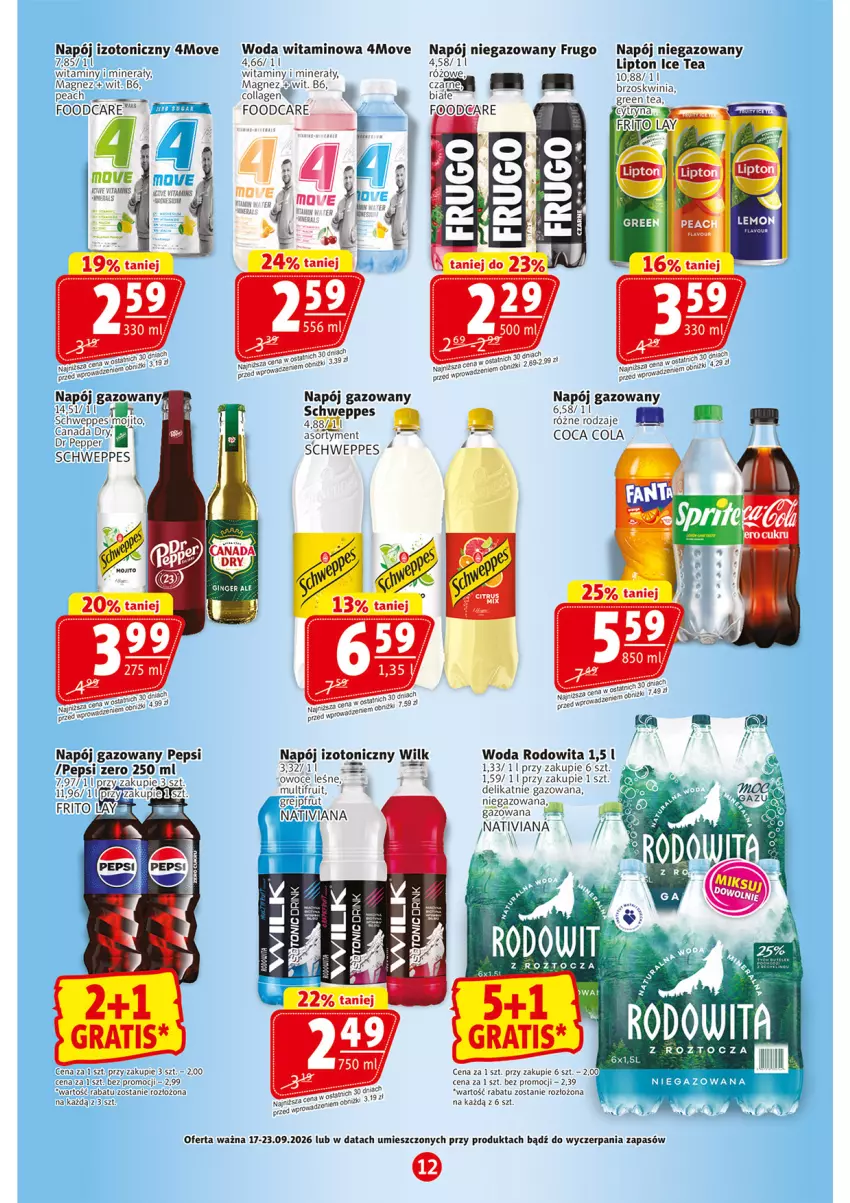 Gazetka promocyjna Prim Market - ważna 17.09 do 23.09.2026 - strona 12 - produkty: Grejpfrut, Ice tea, Lipton, Magnez, Napój, Napój gazowany, Napój izotoniczny, Napój niegazowany, Owoce, Pepsi, Schweppes, Woda